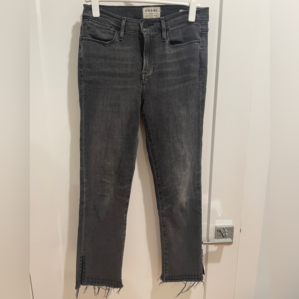 Frame Denim Le High Straight Cropped Jeans Sz 28 Charcoal Studded Frayed Hem